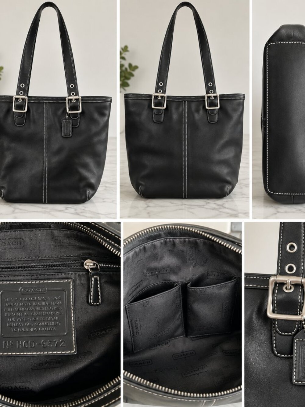 COACH Black Genuine Leather Tote Shoulder Bag Silver Hardware